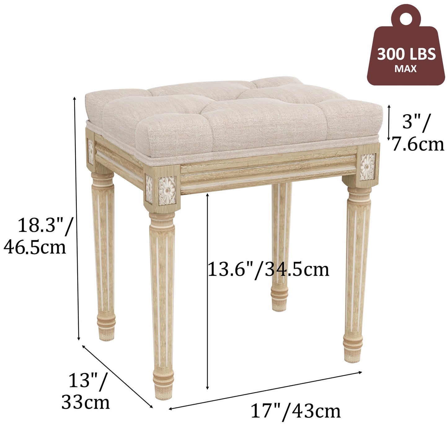 Yusong Vanity Stool Upholstered Bench Seat for Makeup Room, Vintage Small Bedroom Bench Dining Bench with Tufted Fabric for Living Room, Piano Stool with Rustic Wood, Easy Assemble,Beige