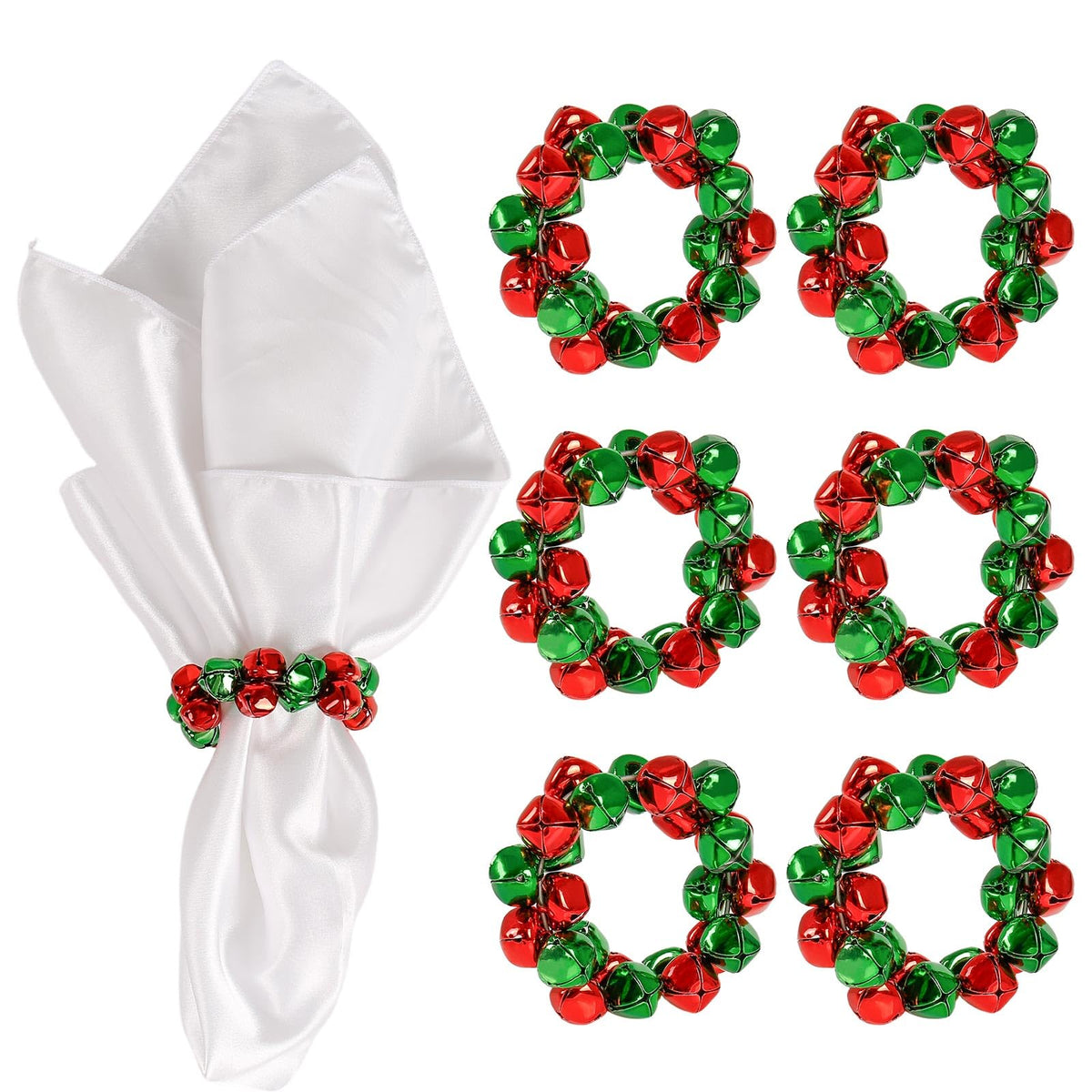 Getfitsoo Christmas Napkin Rings Set of 6, Thanksgiving Bells Napkin Rings with Green and Red Bell Metal Buckles for Christmas Table Decor, Weddings, Parties