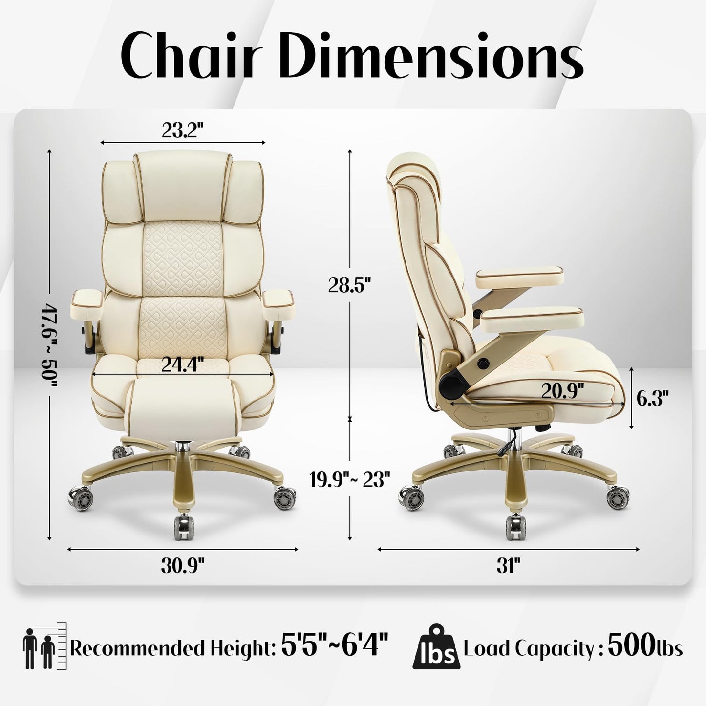 Furnistyle Big and Tall Office Chair 500lbs,5D Armrests Heavy Duty Executive Leather Chair with Comfortable Seat, Adjustable Lumbar, High Back, Large Computer Desk Chair for Home Office, Beige