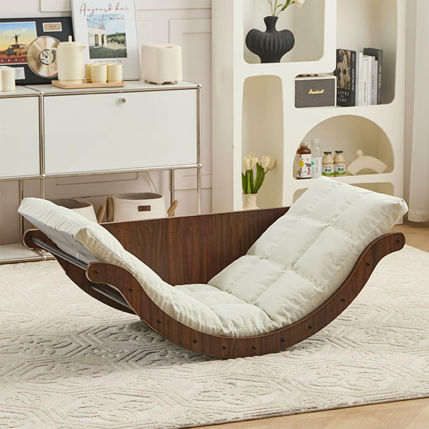 HXQWDQL Curved Rocking Lounge Chair for Living Room, Multifunctional Lazy Lounge Chair, Human Dog Nest Napping Chair, Dormitory Balcony Sofa Chair (White)