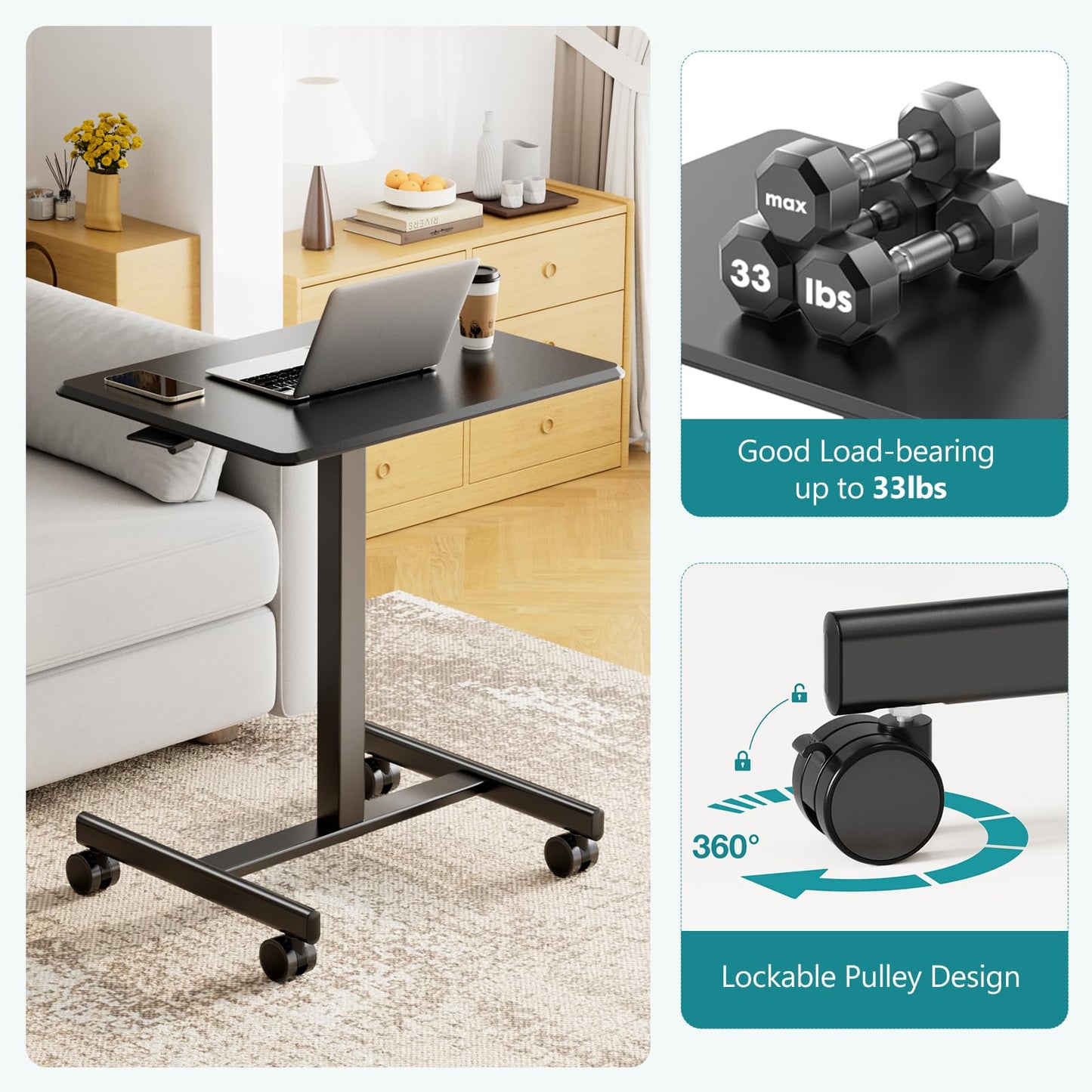 OLIXIS Small Standing Desk with Locking Wheels, Mobile Portable Rolling Laptop PC Table, Adjustable Height Computer Workstation for Home Office, 19 Inch, Black