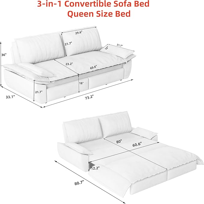 KEIKI 73.2" Queen Convertible Sofa Bed, 3-in-1 Pull Out Sleeper Couch