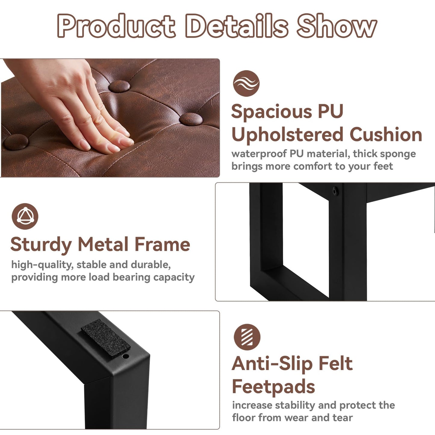 IBUYKE 16 Inch Small Foot Stool Ottoman, Rectangle PU Faux Leather Foot Rest with Padded Seat and Metal Legs, Modern Ottoman Foot Rest for Living Room Bedroom Entryway Couch, Dark Brown WBD026Z