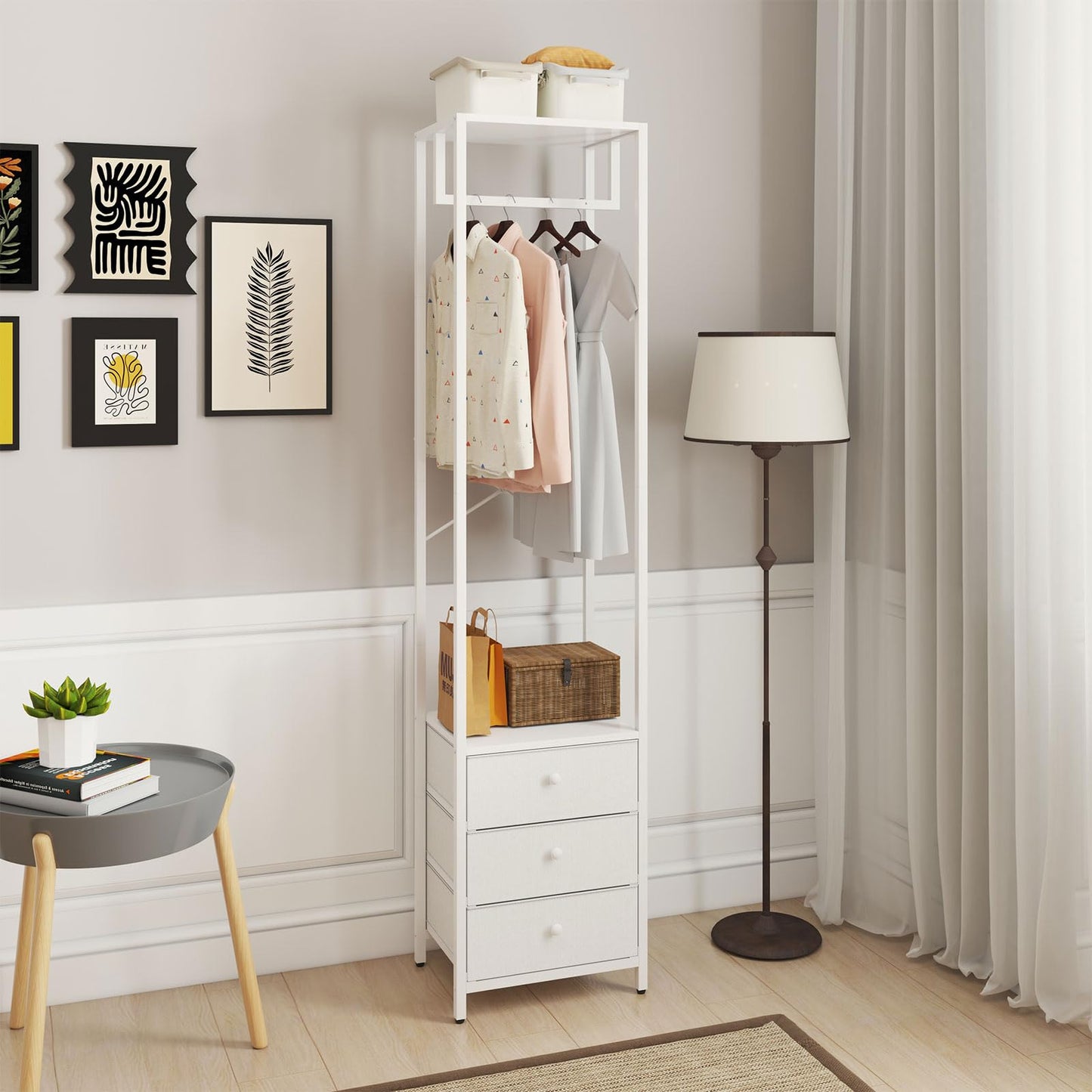 YMYNY Coat Racks, Clothes Rack with Drawers, Freestanding Tall Closet Organizer with 3 Fabric Drawers, Clothes Stand for Hanging Shirts, Coat,15.35" L×11.41" W×70.47" H, White UHGR001W