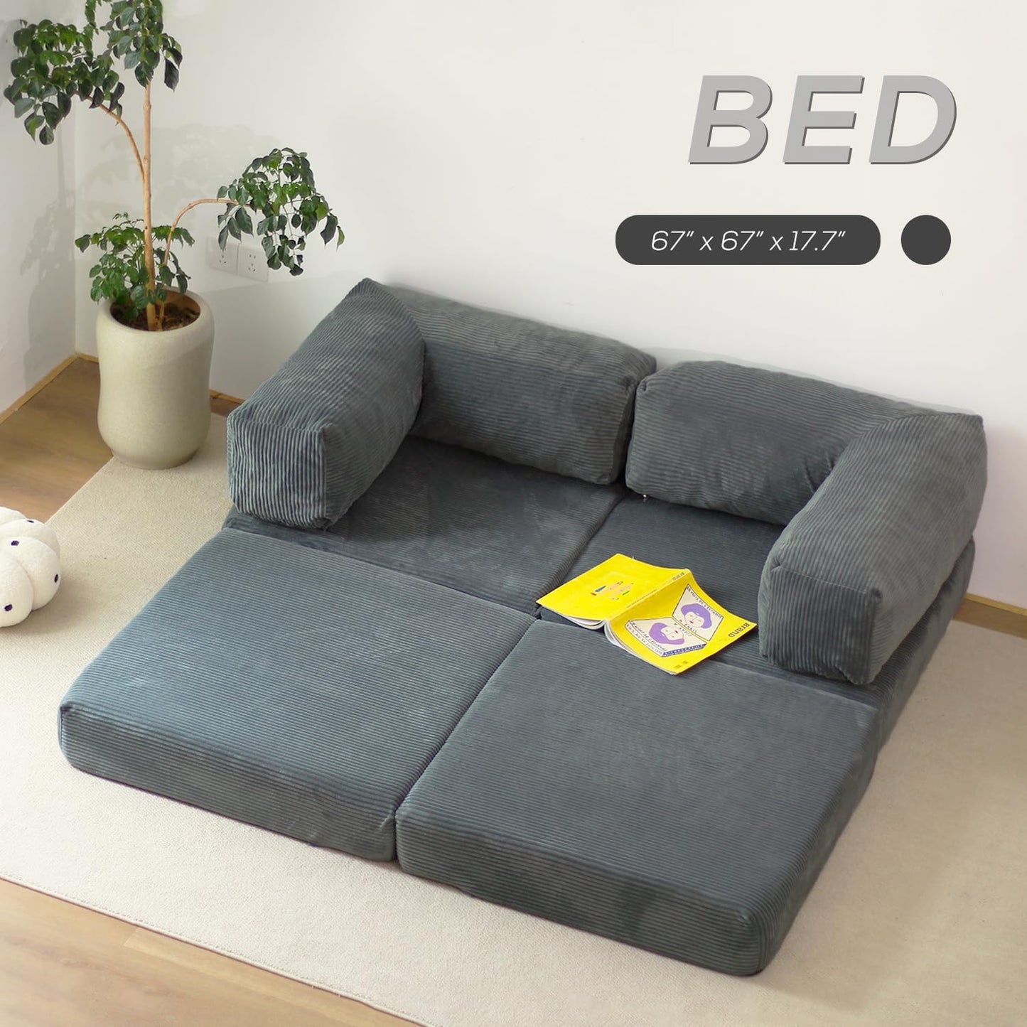 Free Combination Convertible Folding Sofa Bed, Armless Foam Floor Sofa, Sleeper Floor Couch for Living Room and Bedroom Sleeper Chair with Pillow Twin Size (Frost Grey)