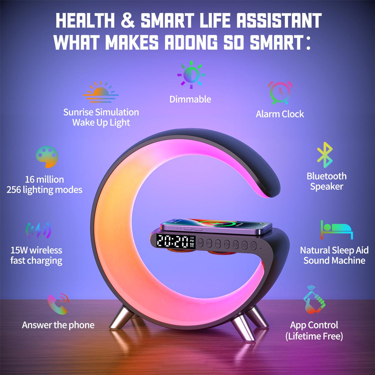 4 In 1 Smart LED Table Lamp, Alarm Clock, Wireless Charger, Night Light, Bluetooth Speaker with App Control, Bedside Lamp for Bedroom, Office, Home Decor, Family, Girls Boys Birthday Festival Gifts