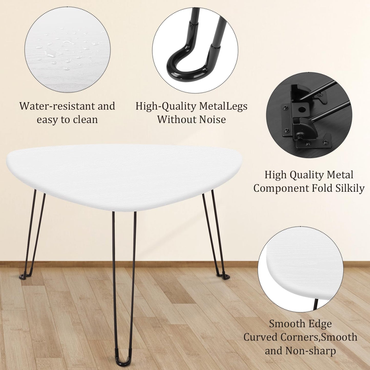 Coffee Table for Small Spaces White Folding Wooden Triangle Center Sofa Tables Simple Design Droplet Coffee Table with Steel Legs Modern Accent Furniture for Living Room Home Office