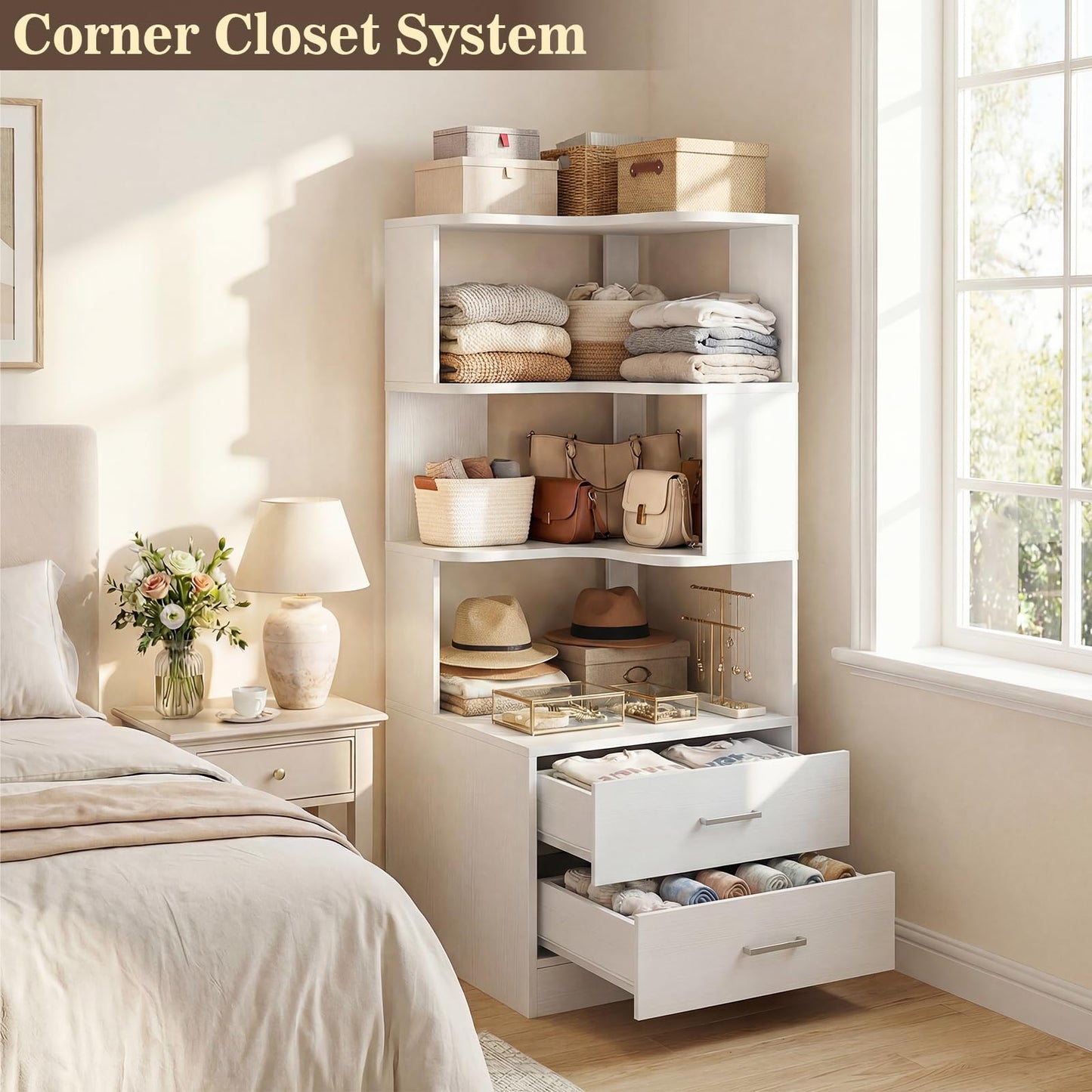 Armocity Corner Bookshelf with Drawers, 6 Tier Corner Book Shelf Display Bookcase, Freestanding L Shaped Bookshelf for Bedroom, Living Room, Home Office, White