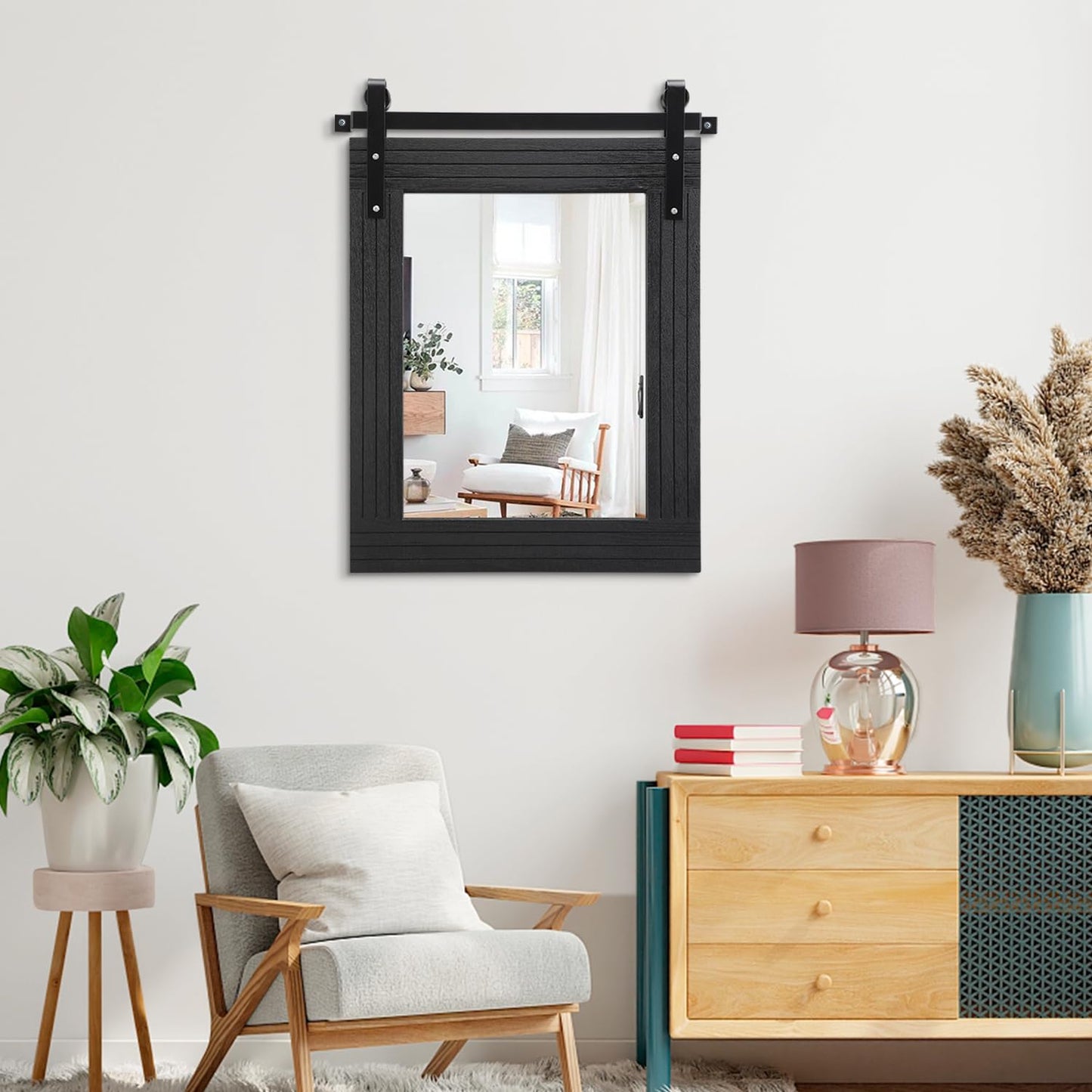 AAZZKANG Black Mirror Large 26"x18" Barn Door Rustic Mirror with Wood Frame Rectangle Decorative Bathroom Bedroom Farmhouse Mirror Wall Decor
