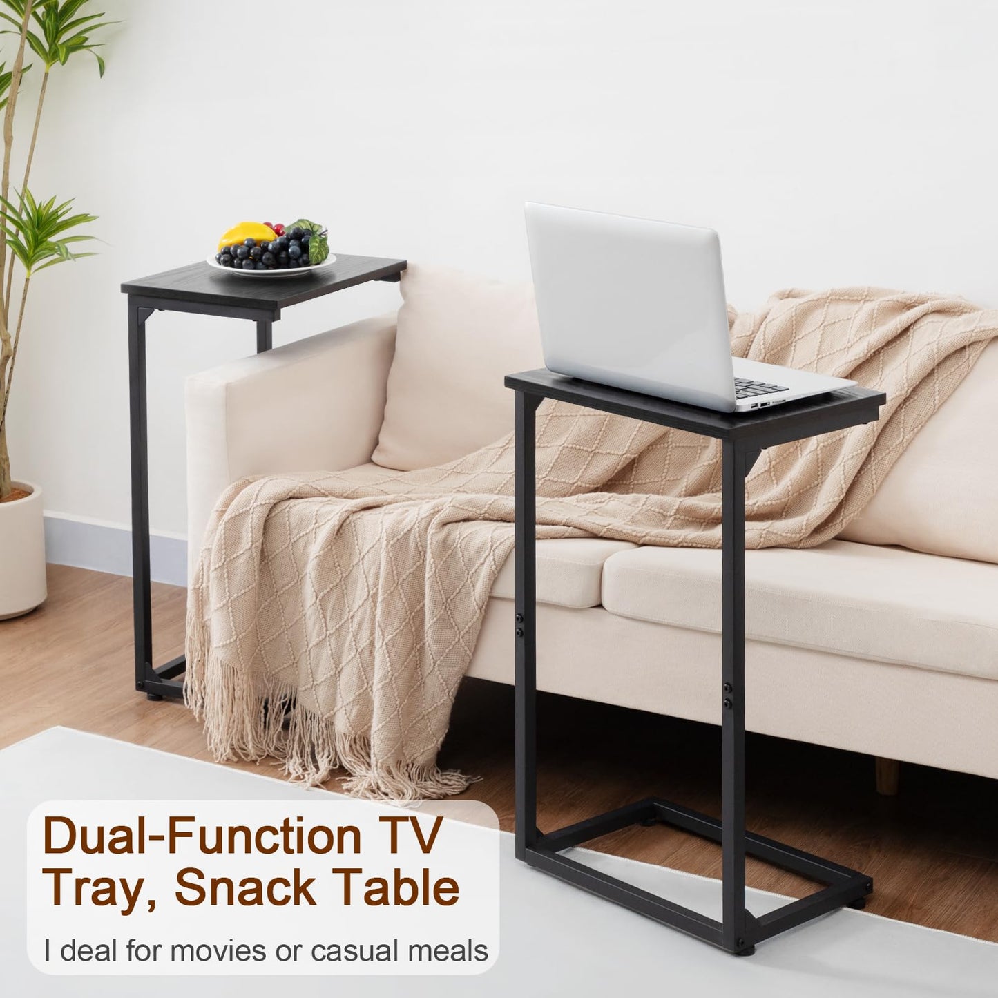 AMHANCIBLE C Shaped End Tables Set of 2, Couch Side Tables that Slide Under Sofa, Slim TV Trays for Living Room and Bedroom, Narrow Space Saving Laptop Workstation, Black, HET02BBK