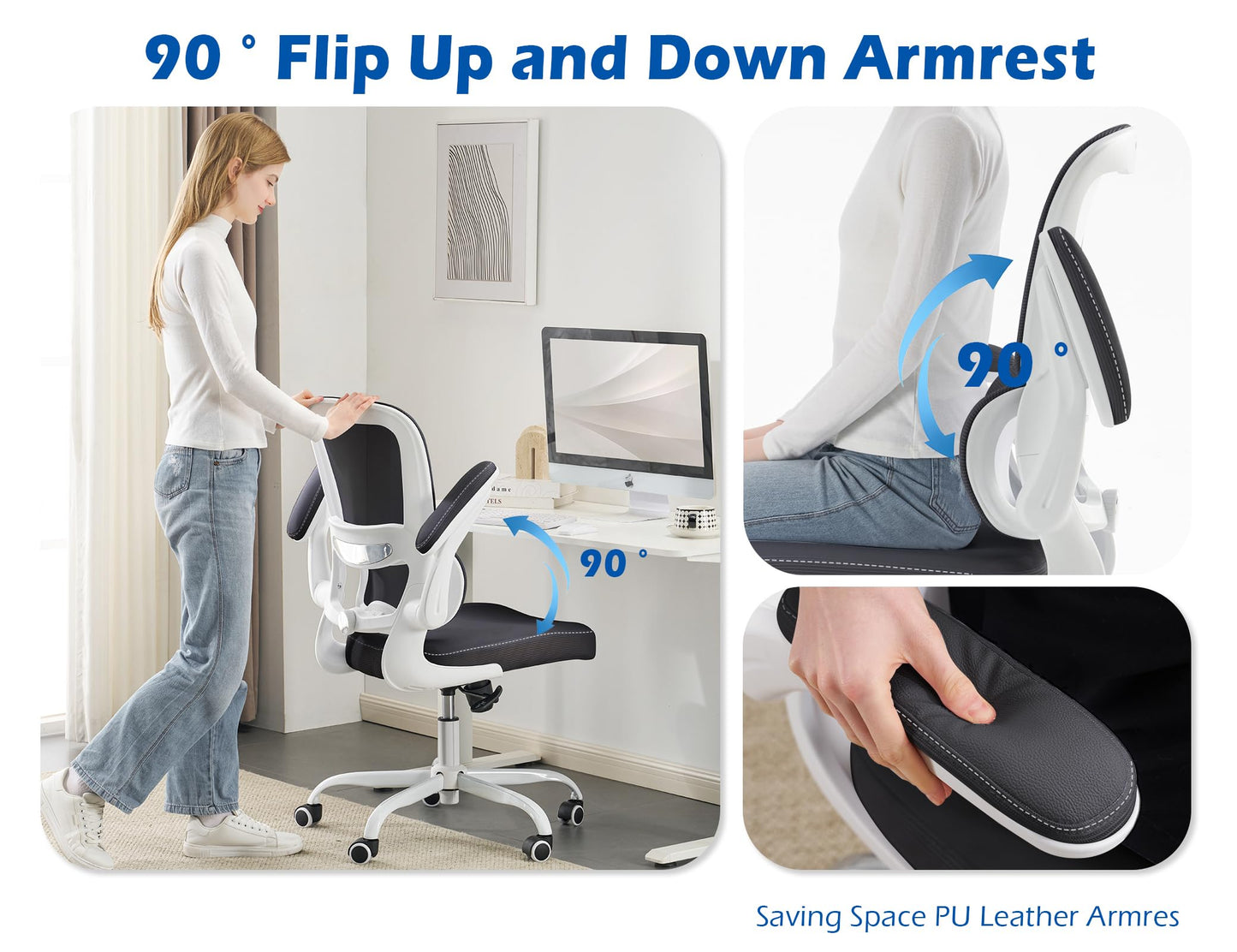 TRALT Ergonomic Office Chair - Desk Chair with Adjustable Lumbar Support Computer Chair - Mesh Comfy Chair with Flip-up Armrests - Gaming Chairs for Adults Home Office (PU Leather, Black White)