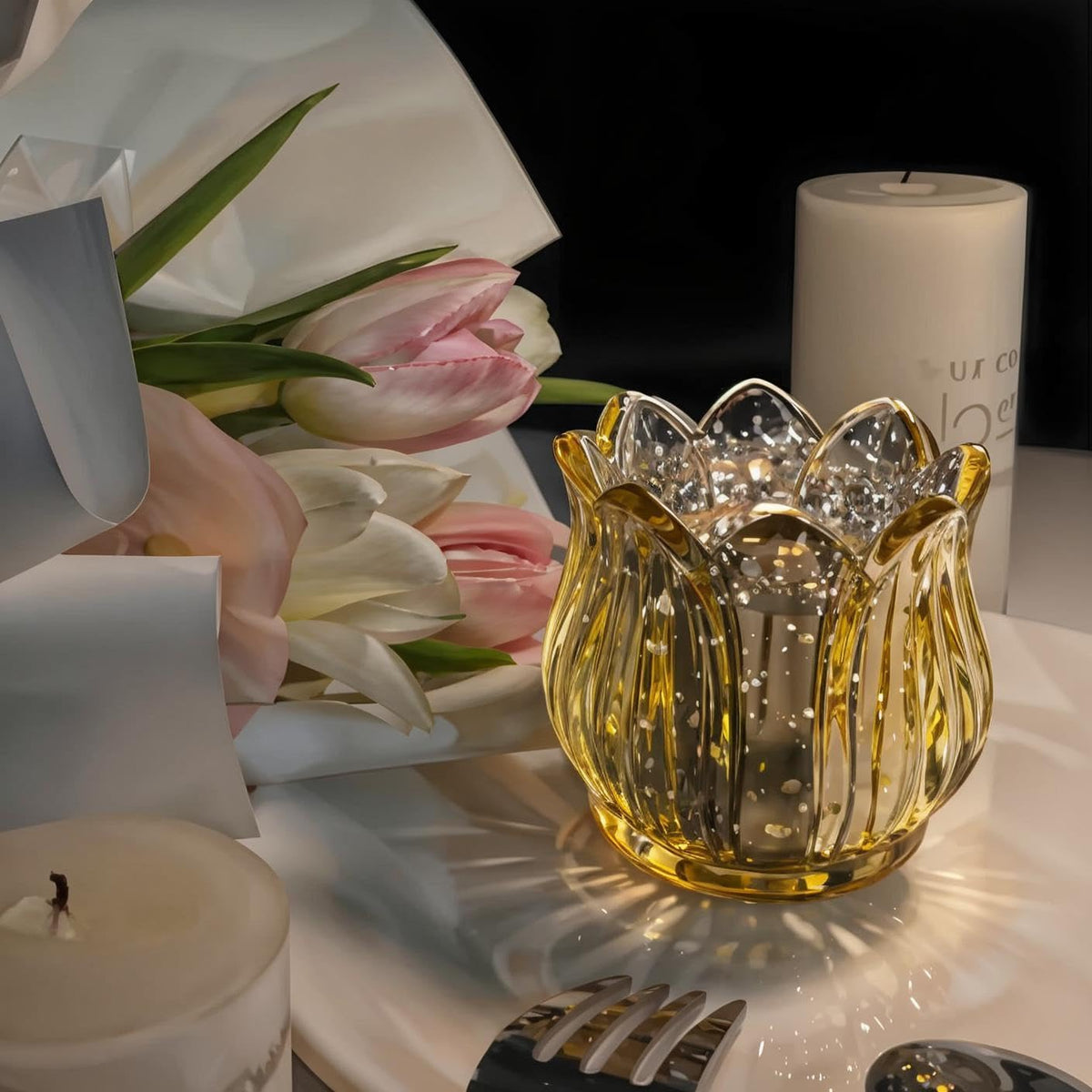 VIVAHEARTH Tulip Votive Candle Holders Set of 6, Tea Light Candle Holder Glass for Table Centerpiece, Tealight Candle Holders for Wedding Déco, Birthday, Anniversary, Parties, and Holiday (Glod)