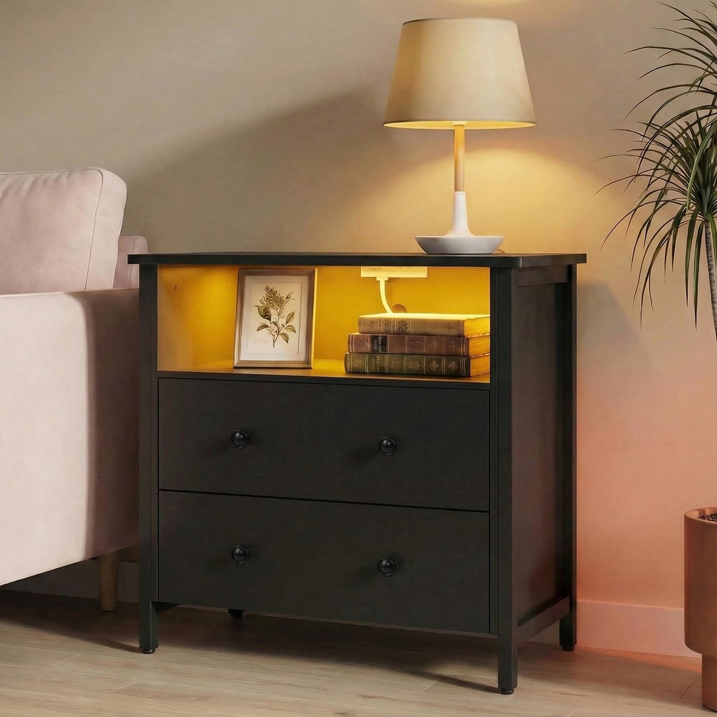 Tykacna 27 Inch Wide Night Stand, Large Wood Night Stand Set 2 with 2 Drawers, LED Nightstand with Charging Station and Adjustable Drawer, Bedside Table for Living Room/Bedroom/Study/Office, Black.