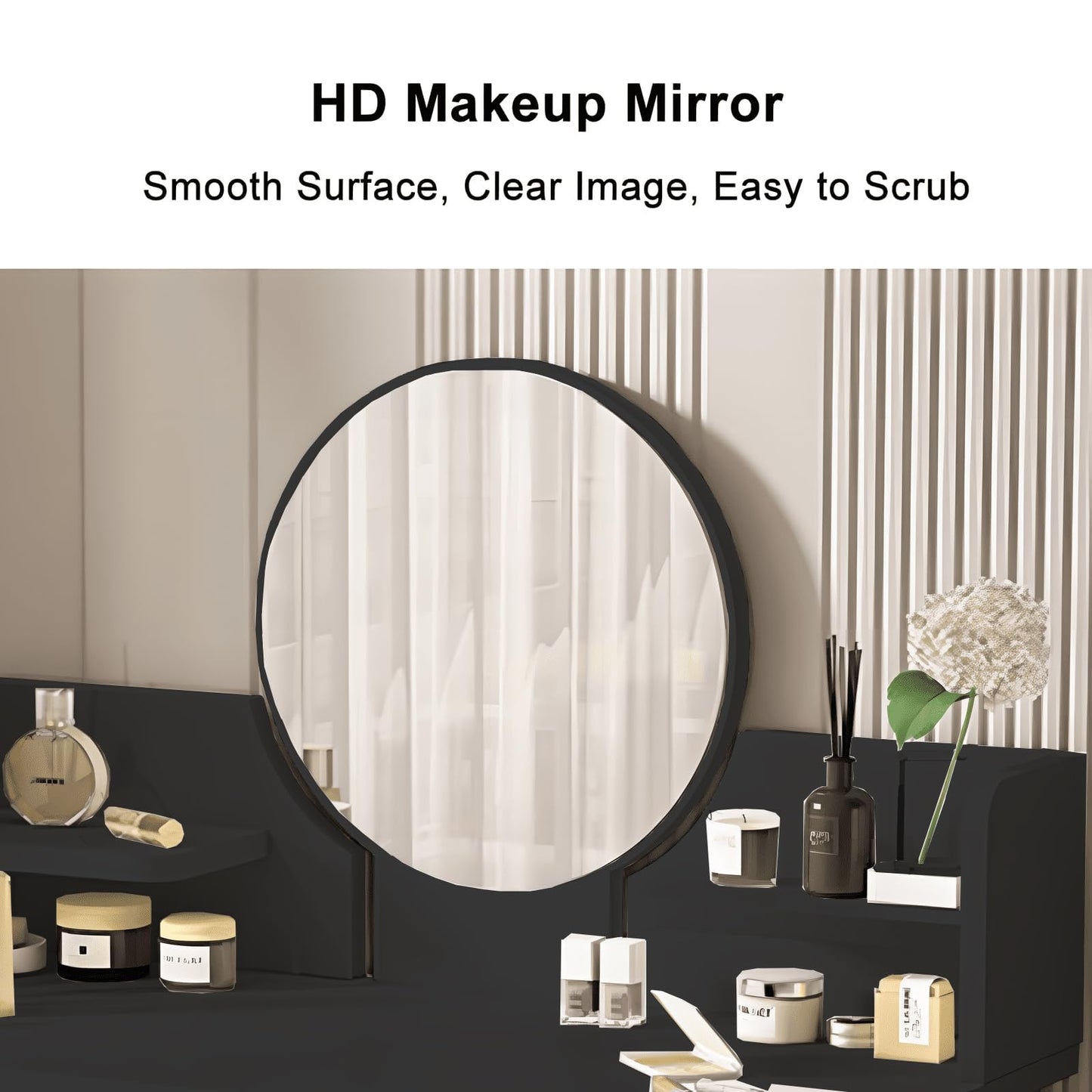 YEYGRIEM Makeup Vanity Table Set with Mirror, Medium Density Fiberboard Modern Makeup Vanity Dressing Desk with 2 Drawers and 2 Shelves, 31.5"(L)*15.7"(W)*47.2"(H), Black (Without Stool)