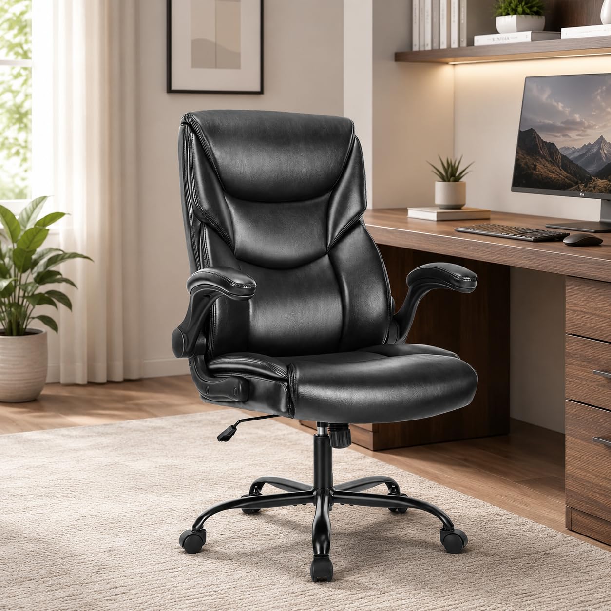 Ergonomic PU Leather Office Chair - Executive Computer Desk Chair with Lumbar Support & Wide Seat, Adjustable Height Task Chair with 360° Swivel & Quiet Wheels for Home Office, Gaming, Black