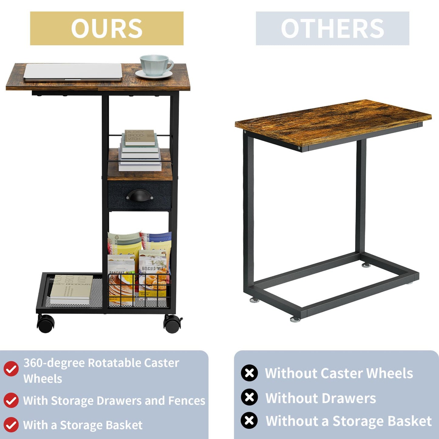 C Shaped Sofa Side Table with Wheels, Rolling Small Coffee Table with Drawer, Portable TV Tray Table for Couch, Bedside Table with Storage, Narrow Nightstand for Bedroom, End Tables Living Room