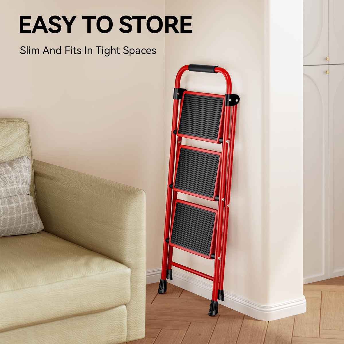 KINGRACK Step Ladder, Folding Ladder with Non-Slip and Wide Pedal, Small Ladder with Handle, Heavy Duty Steel Stool, Lightweight Step Ladder (Red, 3 Step Stool)