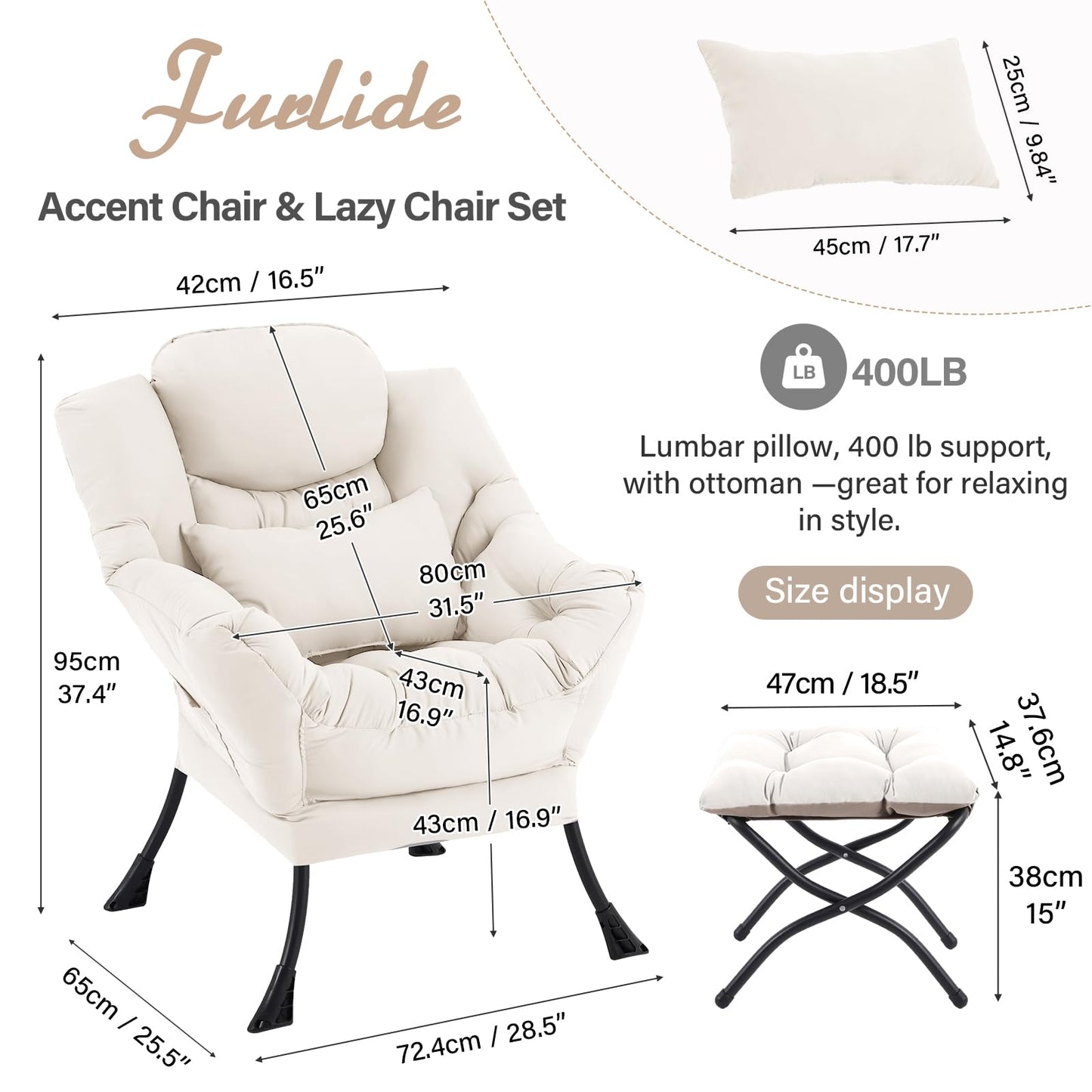 Furlide Lazy Chair with Ottoman, Comfy Fabric Accent Lounge Arm Chair with Lumbar Pillow and Folding Footrest, Reading Leisure Sofa Chair for Bedroom, Living Room, Dorm,Beige