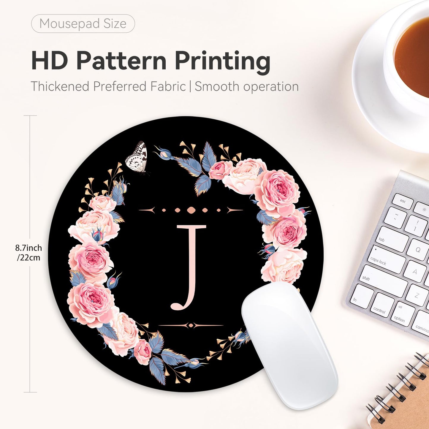 Letter J Black and Pink Flowers Round Mouse Pad, Funny Small Mouse Mat with Non-Slip Rubber Base, Home Office Decor Desk Accessory, 8.7 inch Round