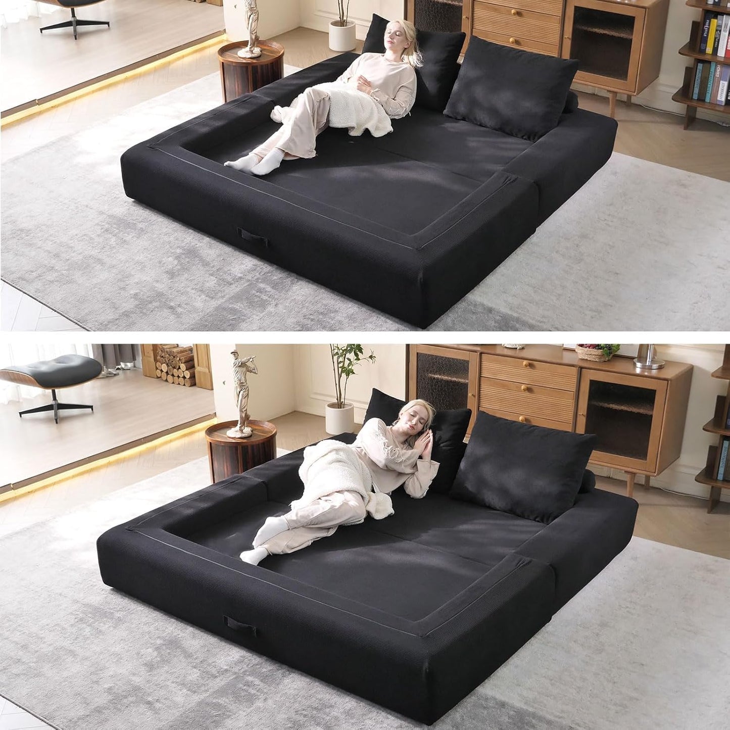 WHGBJA 79'' Convertible Sleeper Sofa Bed, 3-in-1 Foldable Floor Couch with Corduroy Upholstery, No Assembly Loveseat, Light Brown Lounge Mattress for Living Room, Studio, Guest Room