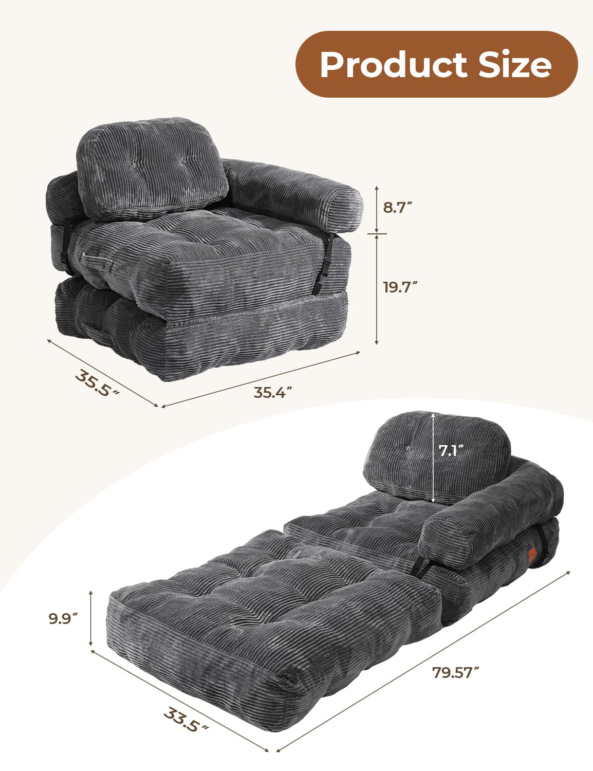 Vellorise Folding Sofa Bed, L-Shaped Couch Back Support and Arm Pillow Futon, Convertible Sofa Bed for Living Room/Guest Use/Home Office, Boneless Foldable Couch for Adults, Dark Gray