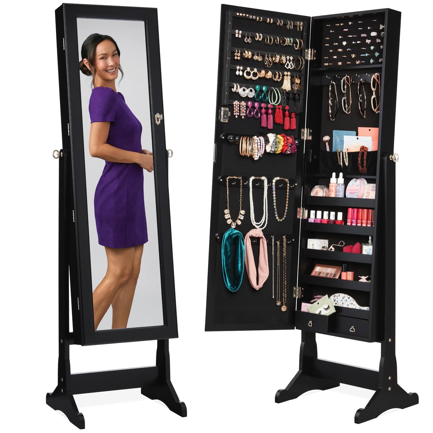 Best Choice Products Freestanding Jewelry Armoire Cabinet, Full Length Standing Mirror, Lockable Makeup Storage Organizer, w/Velvet Lining, 3 Angles, Lock, Accessory Pouch, 5 Shelves - Black