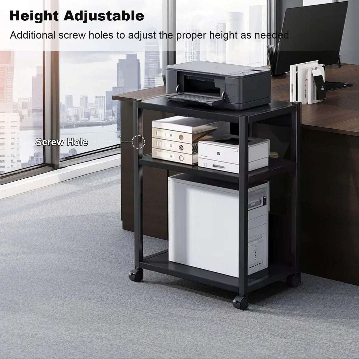 Curtainboro 3 Tier PC Tower Stand, Height Adjustable Computer Tower Floor Stand with Wheels, Metal Computer Cart CPU Holder for Office Home Classroom