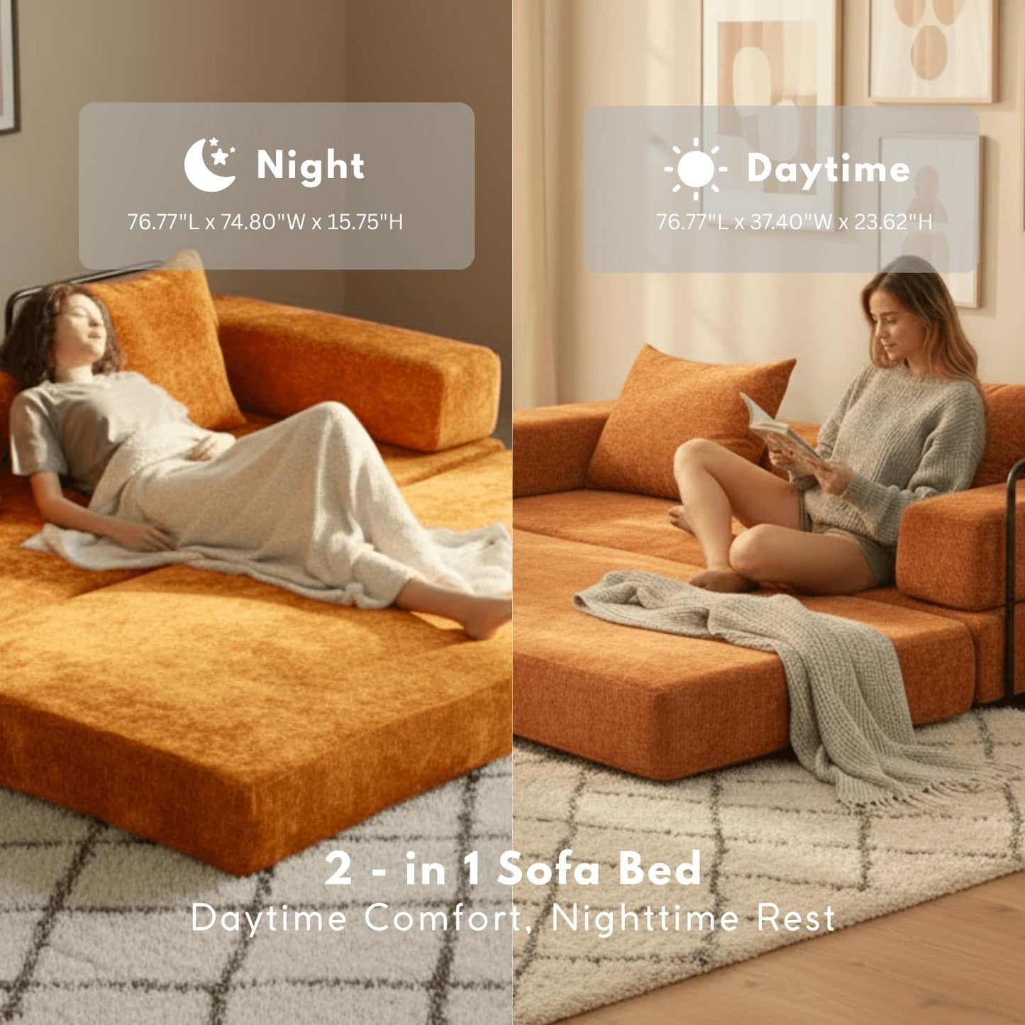Alpen Futon Sofa Bed Full Size, 4-in-1 Sleeper Sofas with L-Shaped Armrests, Small Sofa Bed Couch for Small Spaces Loveseat Sleeper for Living Room Bedroom, Chenille, Orange