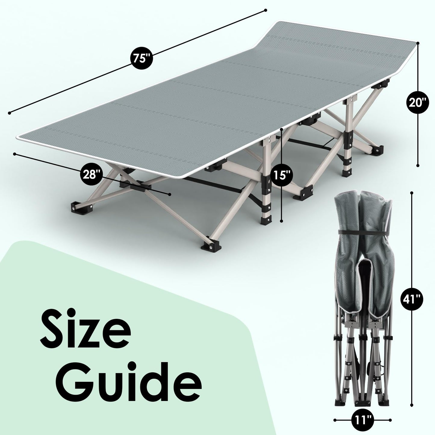 Suteck Camping Cot, Folding Camping Cot Bed for Adults Sleeping 1200D Double Layer Oxford Portable Folding Outdoor Cots for Camping W/Soft Pad Carry Bag for Home Office Nap Beach Travel, 500LBS,Grey