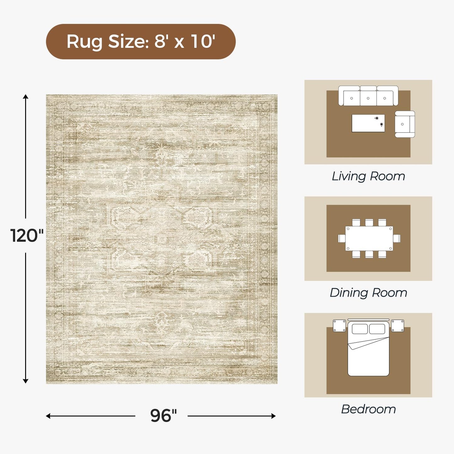 Carpelux Washable Large Area Rugs 8x10 for Living Room Bedroom Dining Room, Luxury Cozy Neutral Retro Distressed Stain Resistant Beige Rug, Soft Faux Wool Non Slip Indoor Foldable Carpets