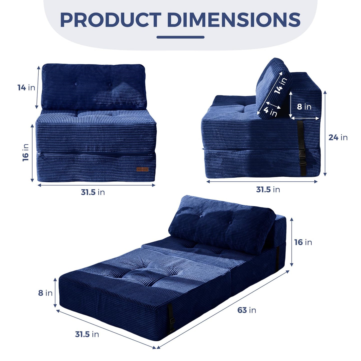 MAXYOYO Folding Sofa Bed, Convertible Chair Bed with High-Density Support Foam, Portable 4 in 1 Fold Out Seating to Floor Lounger, Versatile Floor Sofa Couch for Living Room Bedroom, Navy