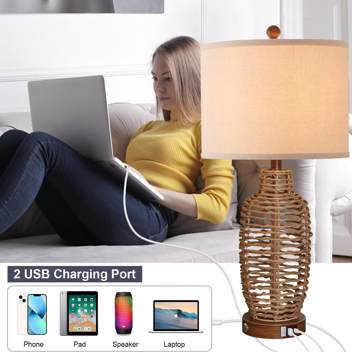 YIMNOVP Rattan Table Lamps Set of 2 Wicker Lamps 3 Way Dimmable Touch Control Farmhouse Rustic Coastal Lamps with USB Port for Bedroom Living Room Office (LED Bulbs Included)