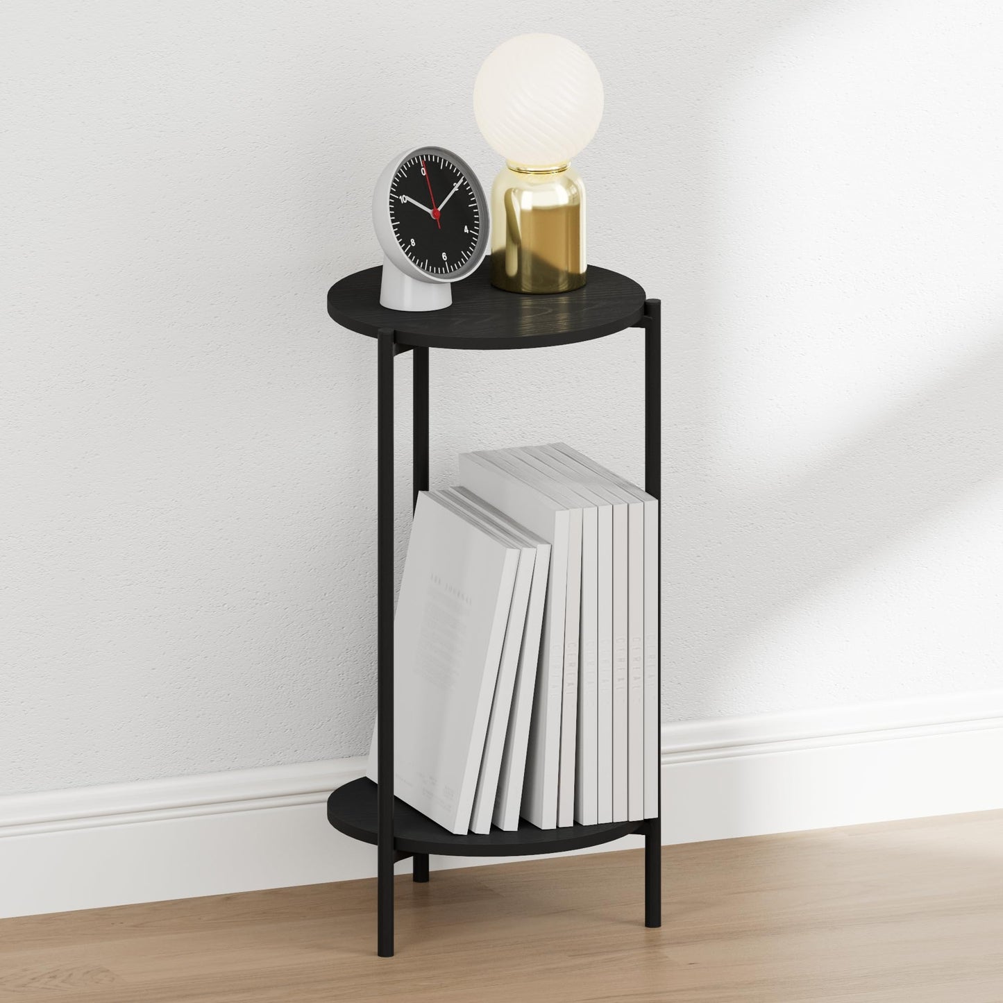 Furinno BESI Night Stand, 2-Tier Tall Round Nightstand with Metal Legs, Metal Frame Narrow End Table with Open Shelf, Side Table, Bedside Table, for Bedroom, Closet, Dorm, Americano