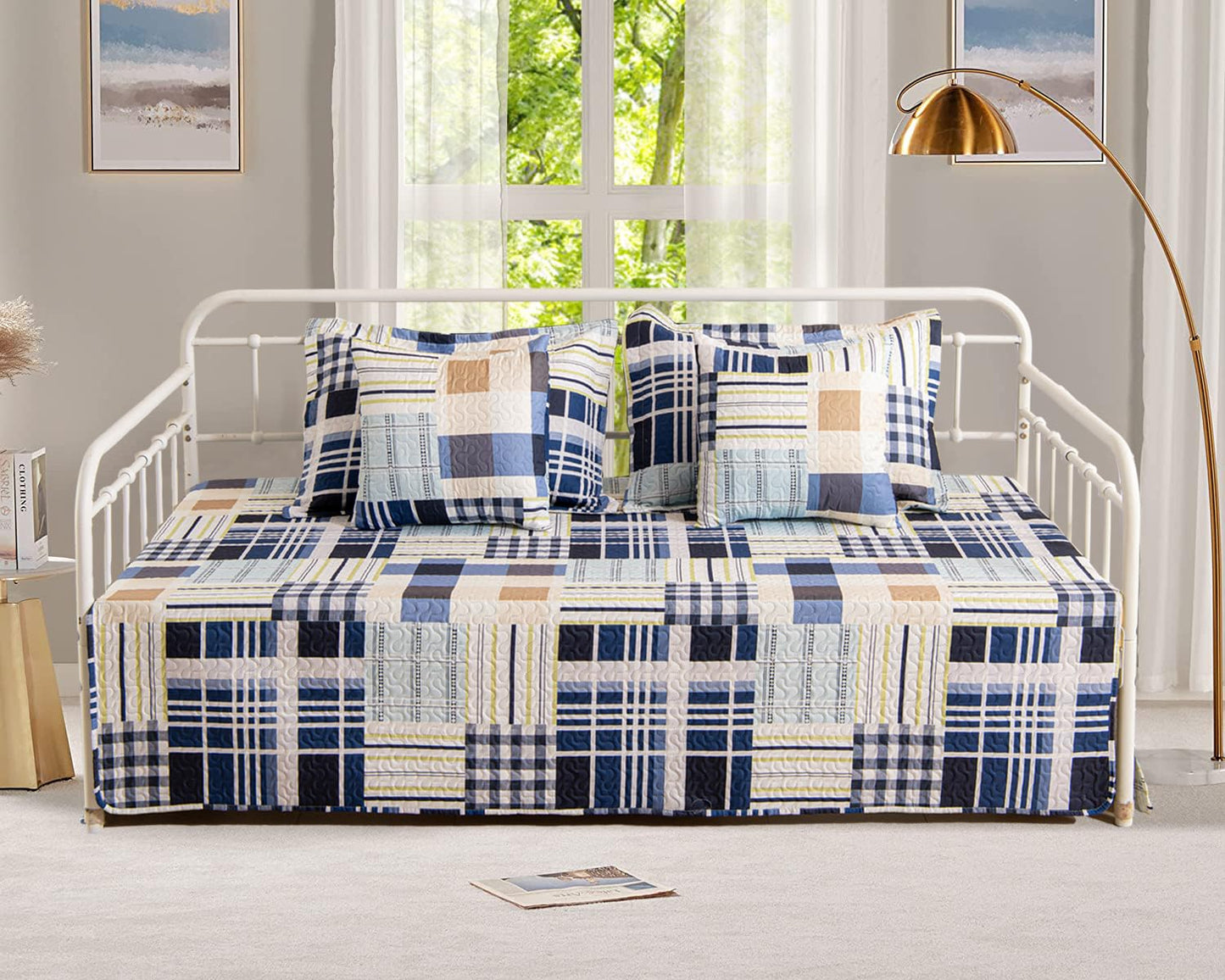 Feyocn 5-Piece Plaid Daybed Cover Set Twin Cozy Daybed Bedding Comforter Bedspread Sets for All Season Lightweight Plaid Day Bed Cover for Twin Bed with 4 Pillow Shams,39"x75"