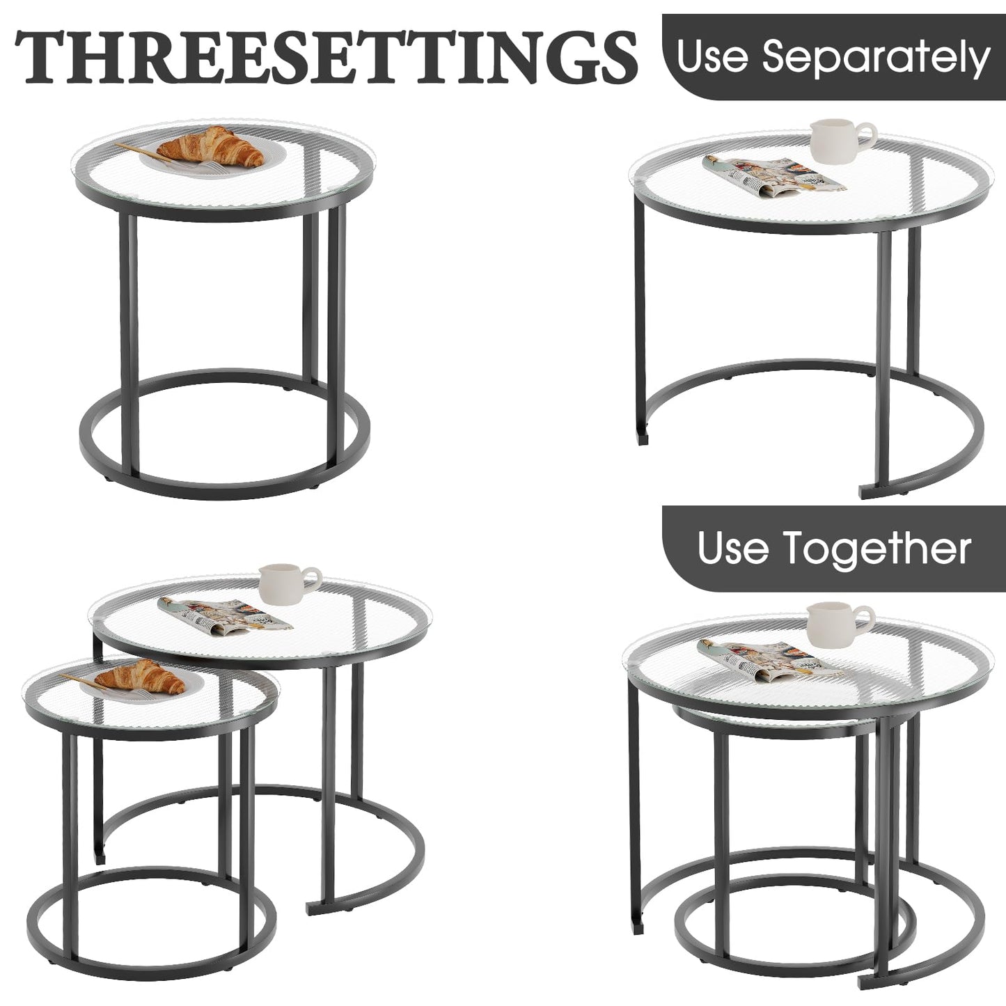 aboxoo Gold Nesting Coffee Table Set of 2, Small Glass Round Nesting Tables for Living Room Bedroom, Accent Tea Table with Black Metal Frame Modern Industrial Simple