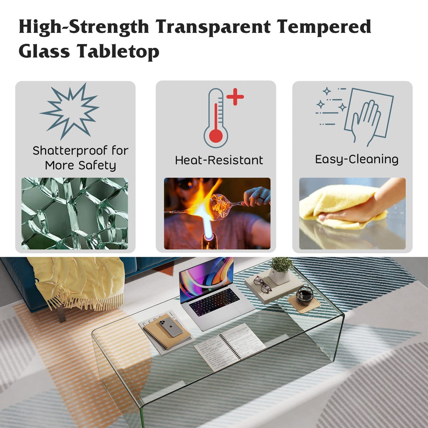ReunionG Glass Coffee Table, Modern Clear Coffee Table with Rounded Edges, Transparent Tempered Glass Coffee Table, U-Shaped Side Table for Living Room Office, 42.5" x 20" x 14" (L x W x H)