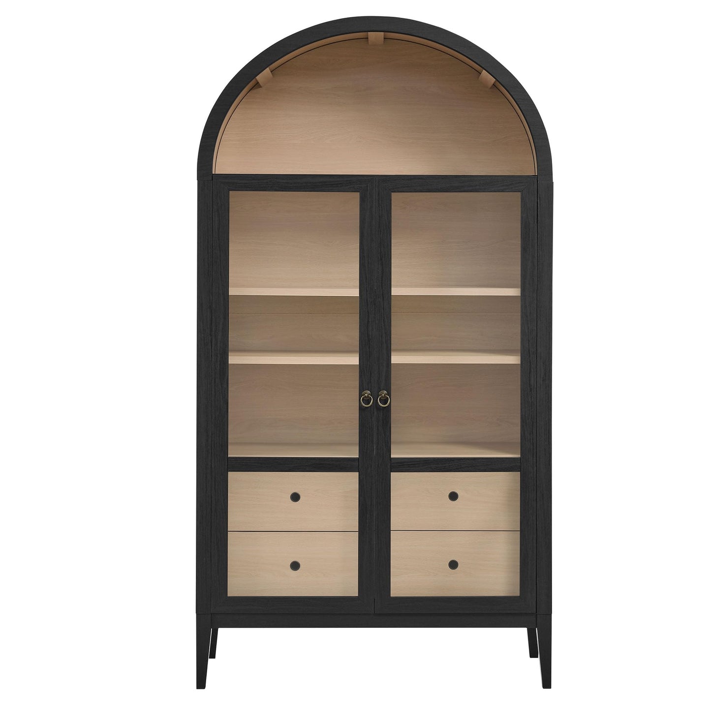 Modway Nolan Tall Arched Storage Display Cabinet in Black Oak - 74 Inch Arch Bookshelf with Glass Doors, Shelves and Drawers - Modern Accent Cabinet for Living Room, Dining Room