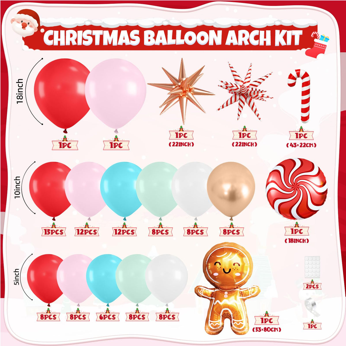Christmas Balloon Arch Kit, Gingerbread Man Balloon Garland Kit, Red Pastel Green Pink Teal Blue Balloons Christmas Foil Balloons Candy Cane Star for Xmas Birthday New Year Party Decorations