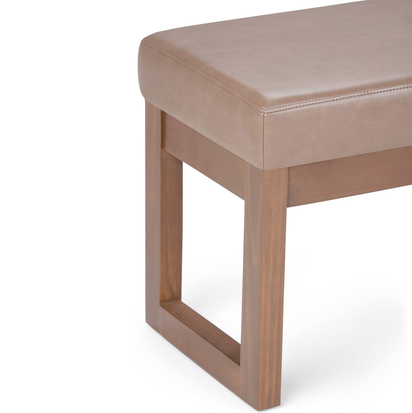 SIMPLIHOME Milltown Small Ottoman Bench - 27" Wide x 18" High Upholstered Vegan Leather Rectangle Footstool Ottoman in Ash Blonde, Contemporary Bench for Living Room with Cushioned Seat, Assembled