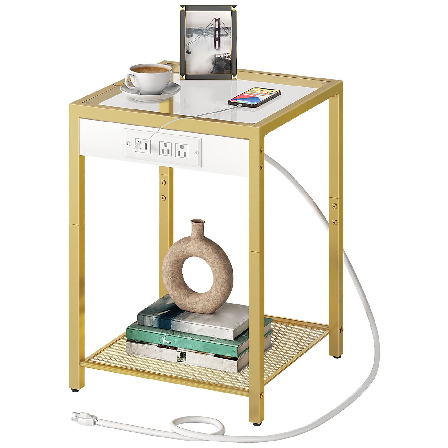HOOBRO Side Table with Charging Station, End Table with USB Port, Nightstand for Tight Spaces, Tempered Glass, Modern Metal Frame, for Office, Bedroom, Living Room, Study, Gold GD76UBZ01
