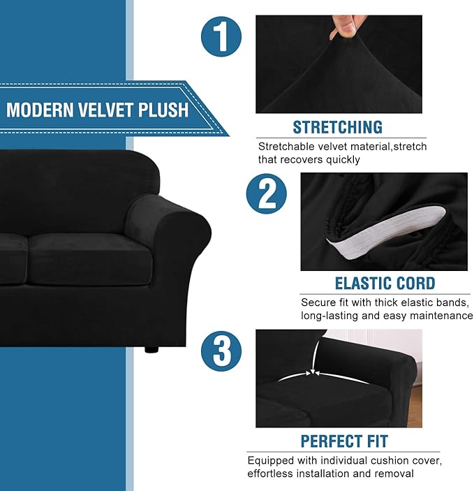 H.VERSAILTEX Real Velvet Plush 3 Piece Stretch Sofa Covers Couch Covers