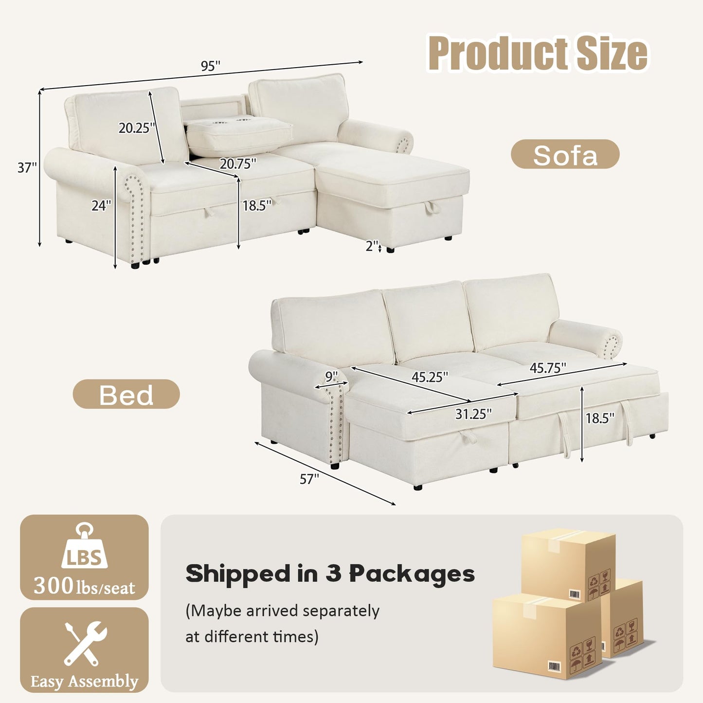 ERYE 95-Inch L-Shaped Reversible Sleeper Sectional Sofa Oversized Corner Pull Out Sleeper Couch Bed with Cup Holders and Nailhead Decor, Comfy Chenille Upholstered Corner Sofa Bed
