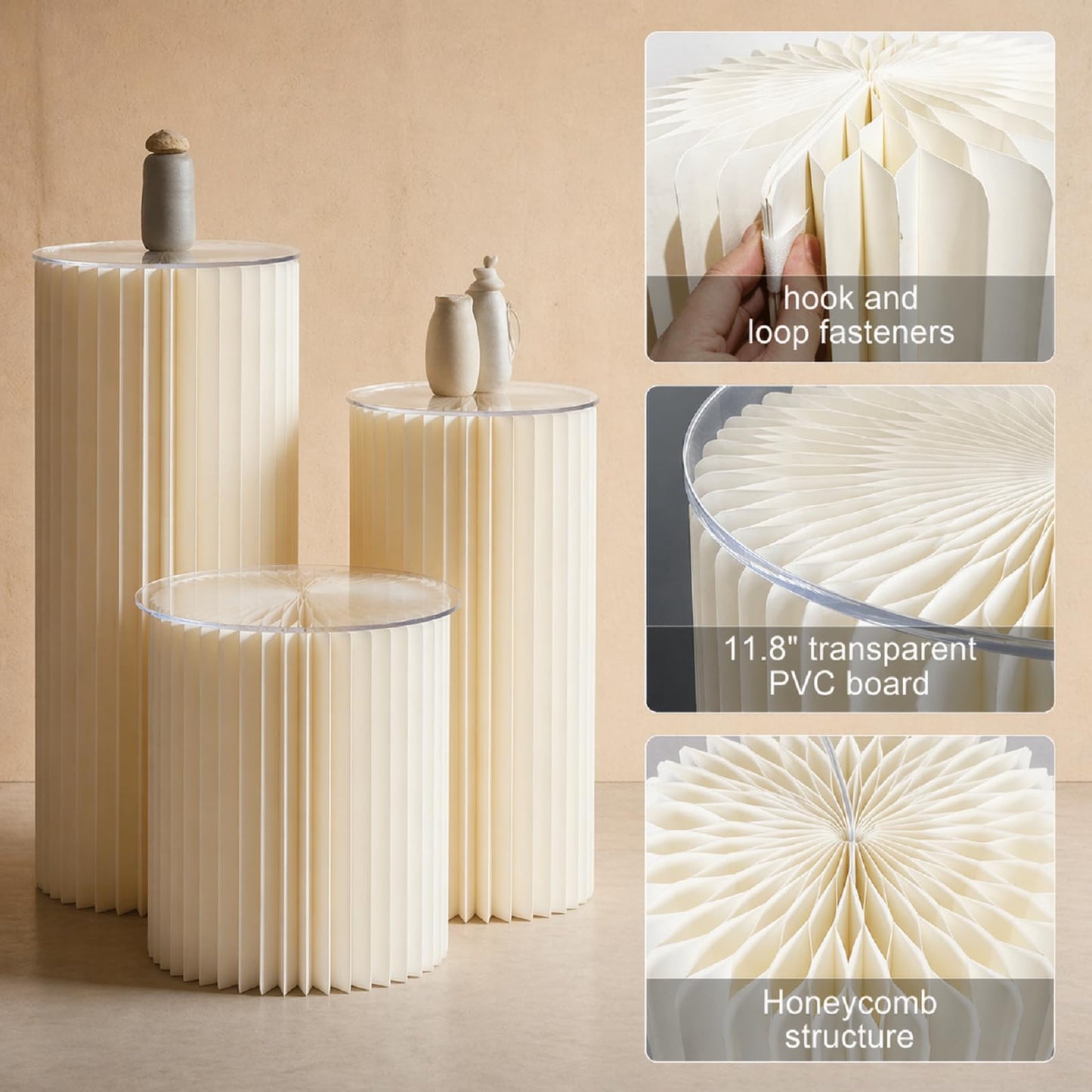 GUYARO Cylinder Stands for Party 5Pcs Round Pedestal Stand Foldable Cardboard Columns Cylinder Tables for Parties Baby Shower Birthday Wedding Pillars Display Decoration (White,5PCS)