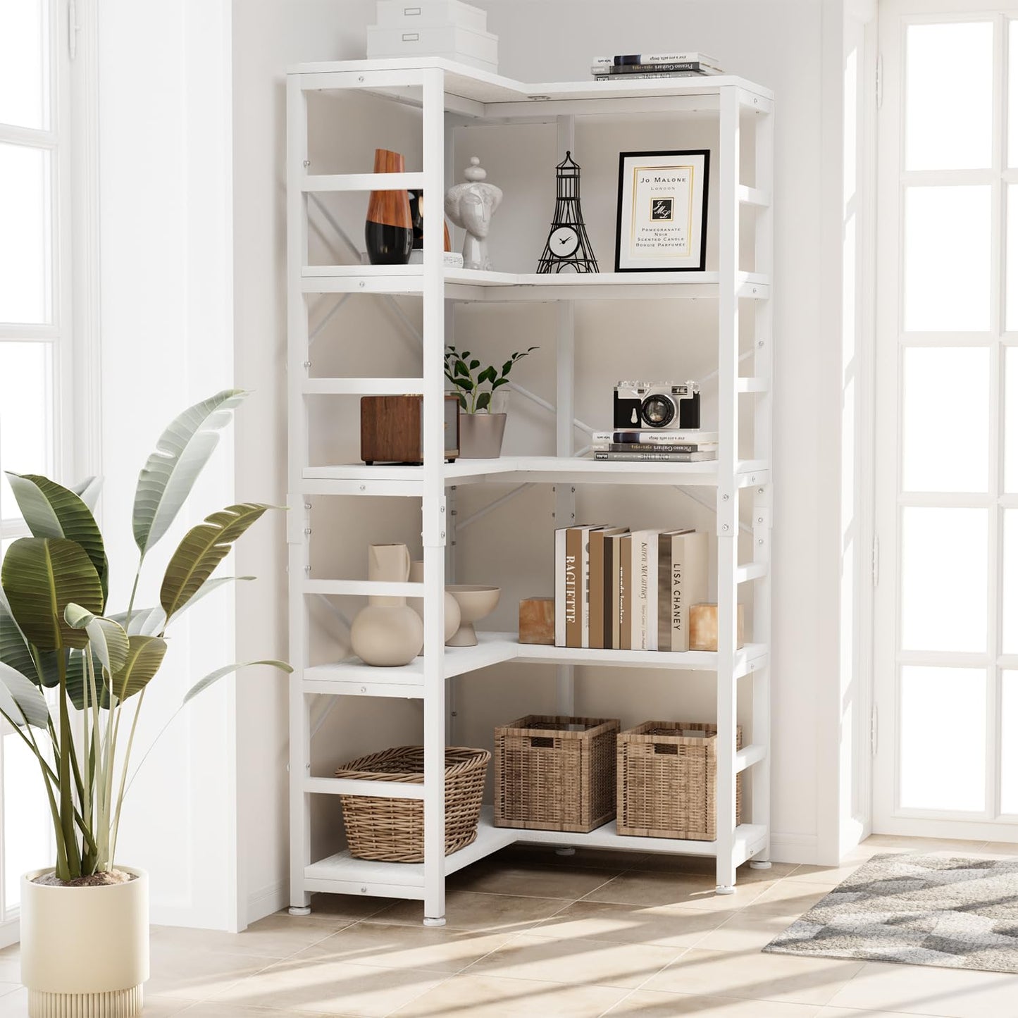 NUMENN 5 Tier Corner Bookshelf, Modern Corner Bookcase, Large Open Shelf Bookcase, Tall Bookshelves Storage Display Rack for Bedroom, Living Room and Home Office, White