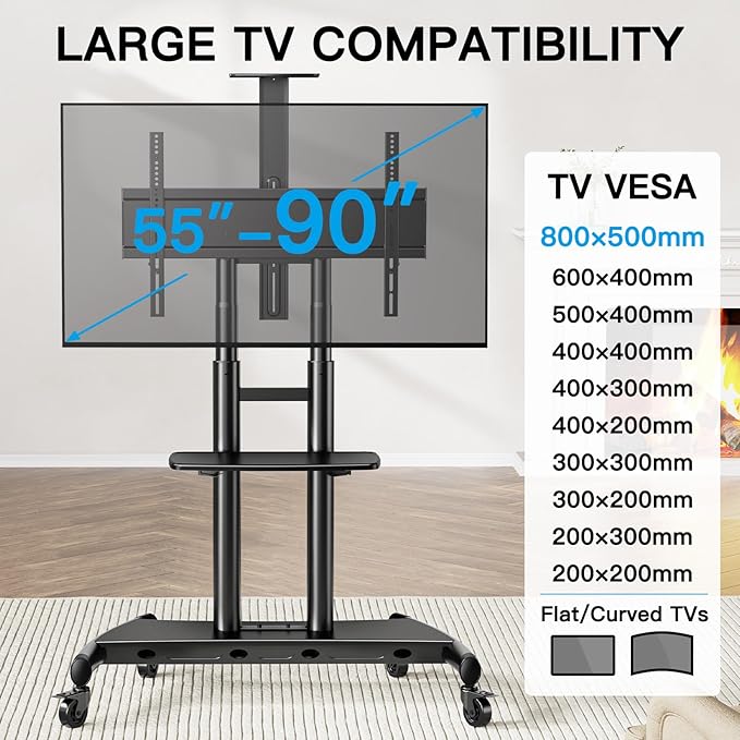 PERLESMITH Mobile TV Stand for 55-90 Inch Flat/Curved Screen TV Max VESA