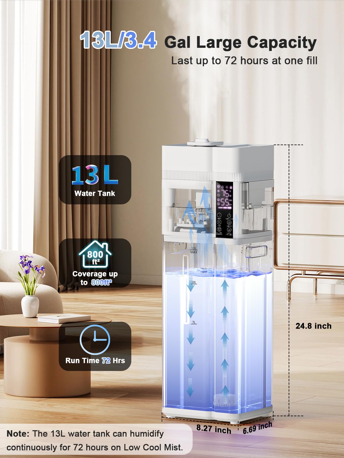 Zeova 13L/3.4Gal Humidifiers for Bedroom, Ultrasonic Warm & Cool Mist Humidifier Large Room, Covers 800ft², 72H Runtime, 24H Timer, 3 Mist Modes Top Fill Quiet Humidifiers for Home, Office, White