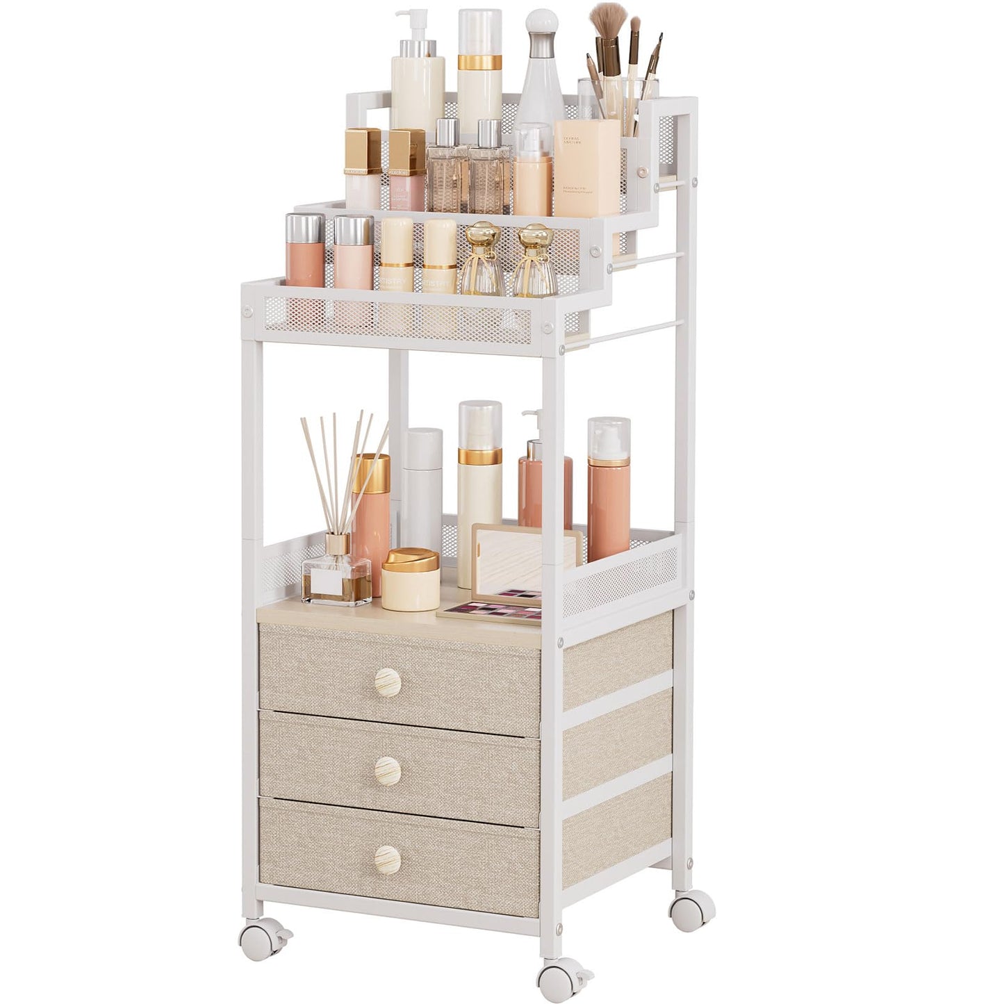 FURFUN Makeup Organizer Storage with Drawers, 13 Inch Bathroom Stand Large Floor Rolling Skincare Organizer Cart, 3-Tier Vanity Tray Stand for Cosmetics, Nail Polish, Perfume Display Cases Holder