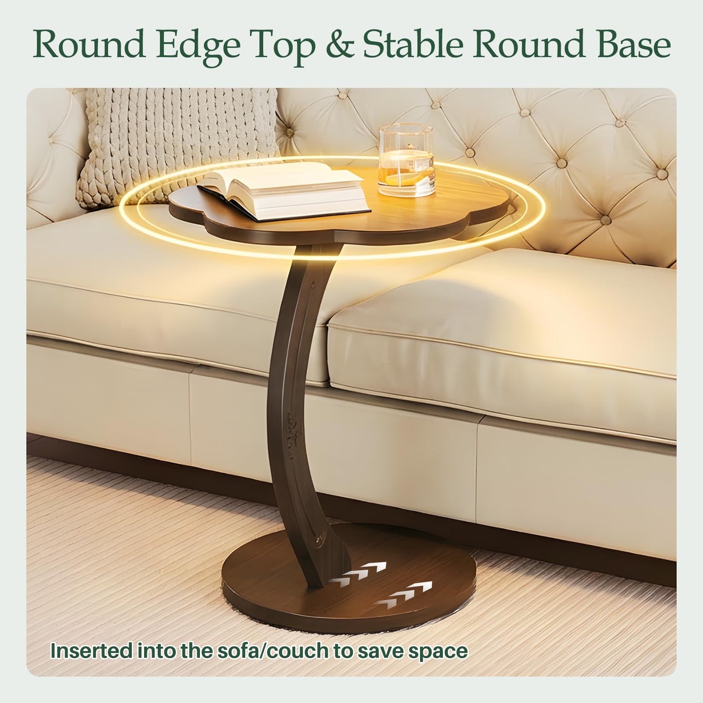 MYOTA C-Shaped End Table for Couch - Round Small C Side Table, Flower Handmade Wood Sofa Couch Tables That Slide Under Bedside, Saving Space Wooden Tray for Living Room, Small Space, (Dark Walnut)