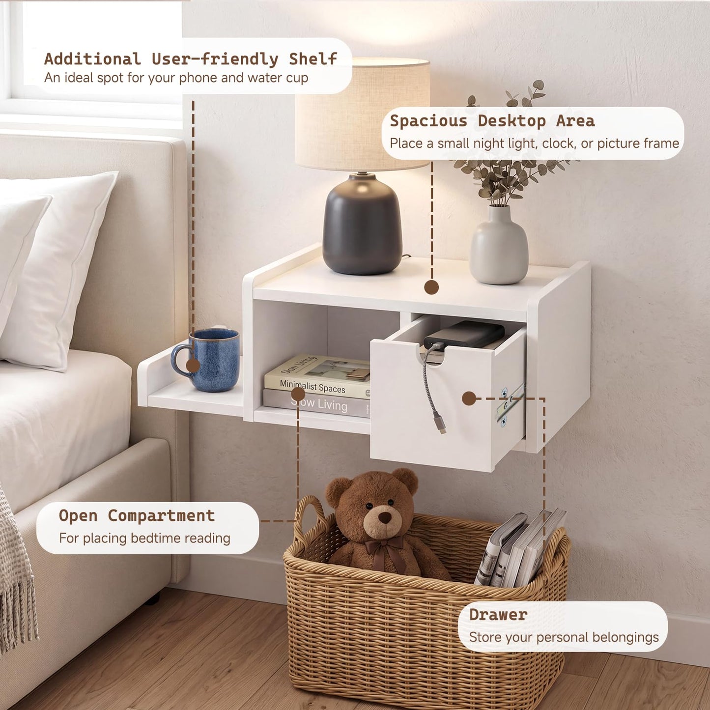 DongRong Floating Nightstand Wall Mounted, Bedside Table with Drawer, Open Cubby & Reversible Side Shelf, Space-Saving Floating End Table for Bedroom/Living Room (White)