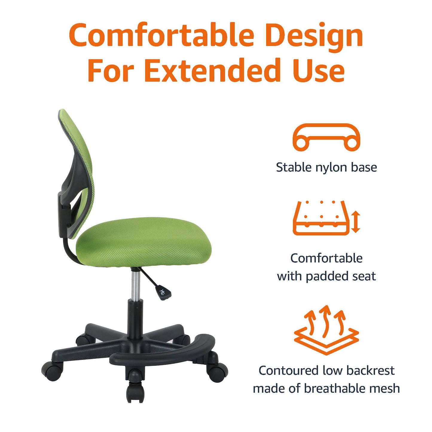 Amazon Basics Kids Adjustable Height Mesh Low-Back Swivel Desk Chair with Footrest, Rolling Computer Chair for Student Homework, Green